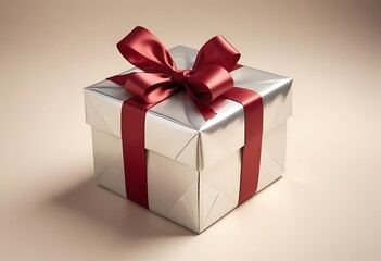 Obraz premium Silver gift box with red ribbon and bow on a neutral background