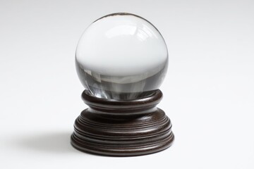 A clear glass crystal ball resting on a dark wooden stand against a plain white background