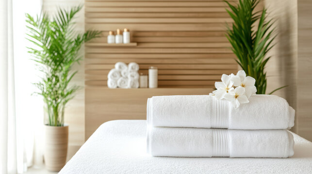 Spa treatment table with soft folded towels and flower creates serene atmosphere, complemented by candles and lush green plants in background - Powered by Adobe