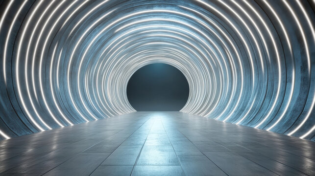 Futuristic tunnel with glowing circular lights and metallic floor creates sci fi ambiance. perspective leads to dark center, evoking mystery and intrigue