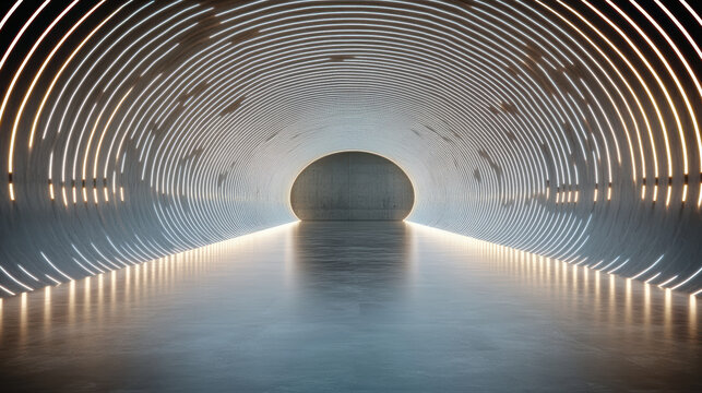 Futuristic tunnel with glowing lines creates mesmerizing ambient space, evoking sense of mystery and intrigue. smooth reflective floor enhances high tech atmosphere