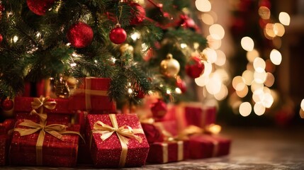 Warmly lit christmas tree adorned with ornaments and surrounded by festive red gift boxes tied with golden ribbons