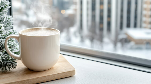 Steaming mug of tea sits on windowsill, offering warmth against snowy cityscape backdrop. cozy scene evokes sense of tranquility and comfort