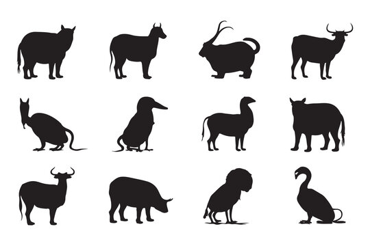  Collection of diverse farm and wild animal silhouettes in black silhouette