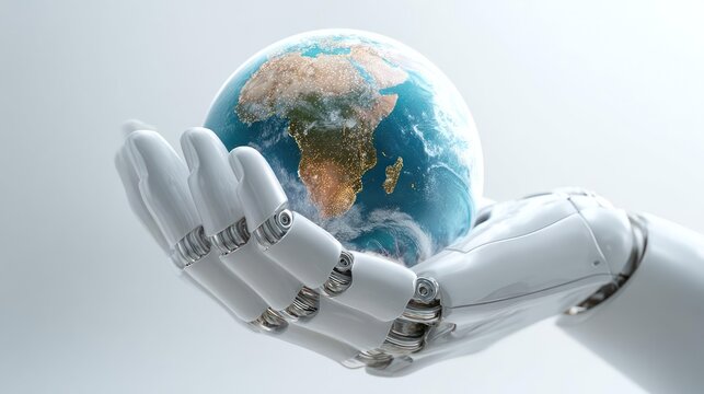 Close up of a futuristic white robotic hand gently cradling a glowing earth globe against a soft grey background