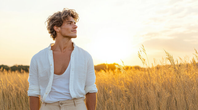Man in sunlit field wearing white shirt and beige pants looks content and relaxed. golden hour light enhances serene and natural atmosphere of scene