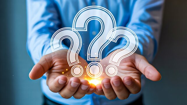 Hands presenting glowing digital question marks symbolizing support and problem solving
