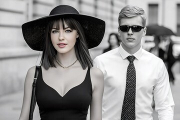 Woman with bodyguard walking selective color portrait