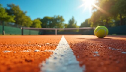 A tennis ball rests on a bright orange clay court under a clear blue sky. Sunlight streams down on the green net and trees bordering the court. Warm weather for outdoor matches.