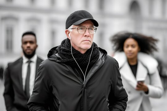 Mature man walking in city street listening to music