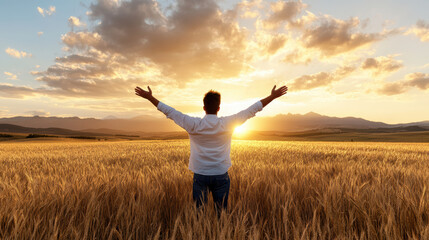 Person stands in open field at sunset, arms outstretched, embracing serene and golden landscape. sky is filled with dramatic clouds, enhancing peaceful atmosphere