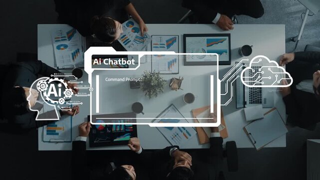 A diverse group of professionals collaborates around a table, utilizing AI chatbot technology and data analysis tools to foster innovation and strategic discussions. Raster - Powered by Adobe