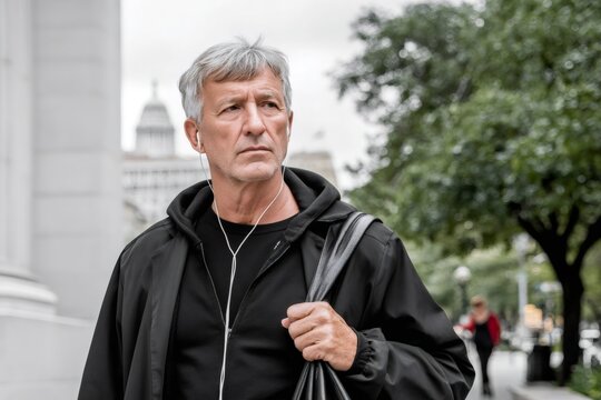 Senior man listening to music walking on city street