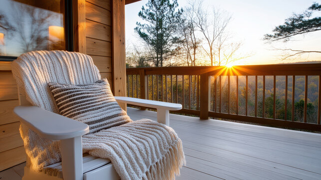 Cozy cabin porch with rocking chair and blanket overlooks serene sunset view, creating peaceful and inviting atmosphere