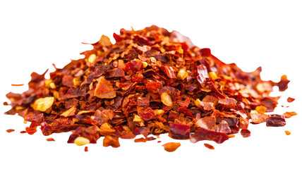 Close up of spicy red pepper flakes, crushed dried chili seasoning for cooking and flavor enhancement, isolated on white background