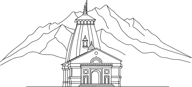 Line art illustration of Kedarnath temple building against mountain range vector design