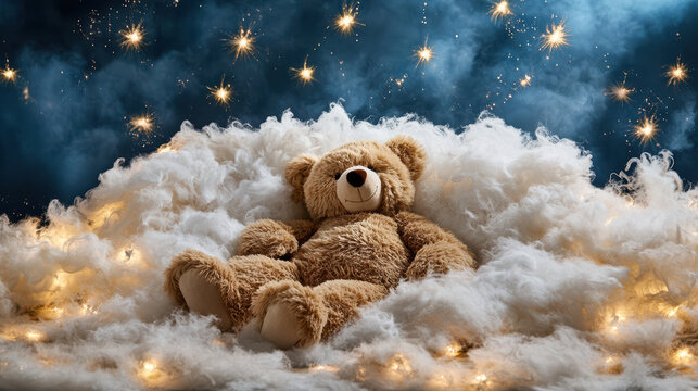Teddy bear lies peacefully in cradle of feathers surrounded by twinkling lights and starry night sky, creating dreamy and serene atmosphere - Powered by Adobe