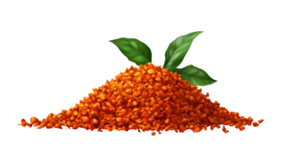 Fresh and ground cayenne pepper spice, vibrant red chili powder seasoning for cooking and flavoring dishes, isolated on white background