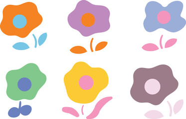 Set of six colorful cartoon flowers with stems and leaves, isolated on white background