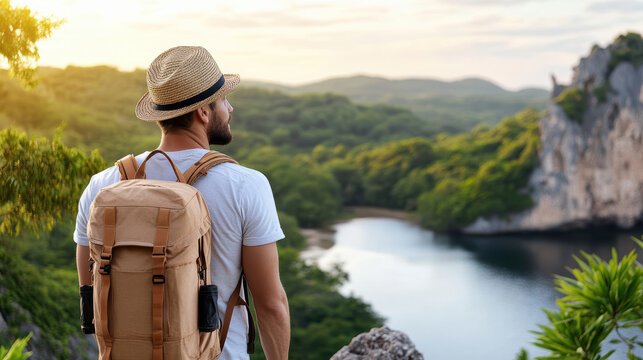 Traveler with backpack and hat admires serene landscape of lush greenery and calm river at sunrise, evoking sense of peace and adventure