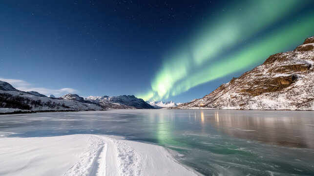 Traveler watches northern lights dance across snowy landscape with frozen lake and mountains under starry sky. serene scene captures beauty of nature