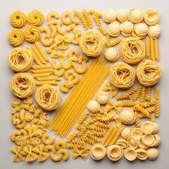 An assortment of uncooked pasta varieties including spaghetti, fusilli, penne, and farfalle arranged on a neutral background for culinary or food presentation purposes
