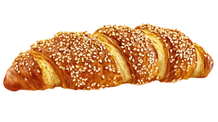 Fresh bread roll topped with sesame seeds, baked golden brown pastry bun for breakfast or sandwich, isolated on white background