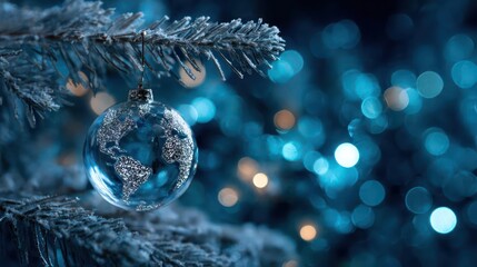 Close up of a clear glass christmas ornament reflecting a winter landscape hanging on a frosted evergreen tree branch with bokeh lights