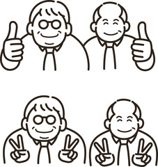 グッドとピースサインのジェスチャーをする50代ビジネスマンのイラスト素材セット　線画のみ