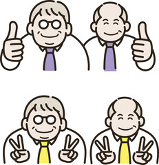 グッドとピースサインのジェスチャーをする50代ビジネスマンのイラスト素材セット
