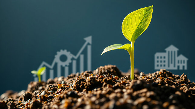 Conceptual Image of a Bright Green Seedling Growing in Soil Against a Dark Background with Corporate Financial Charts, Industry Gear, and Building Icons Representing Sustainable Business Growth