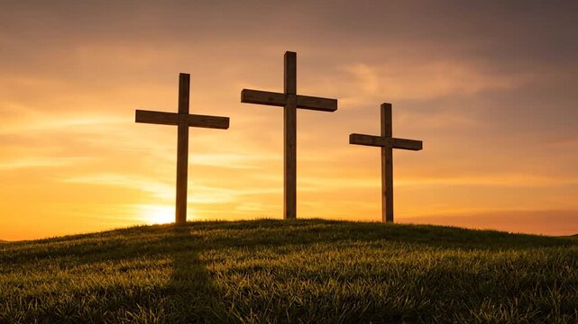 Three crosses atop a grassy hill silhouetted against a warm, golden sunset