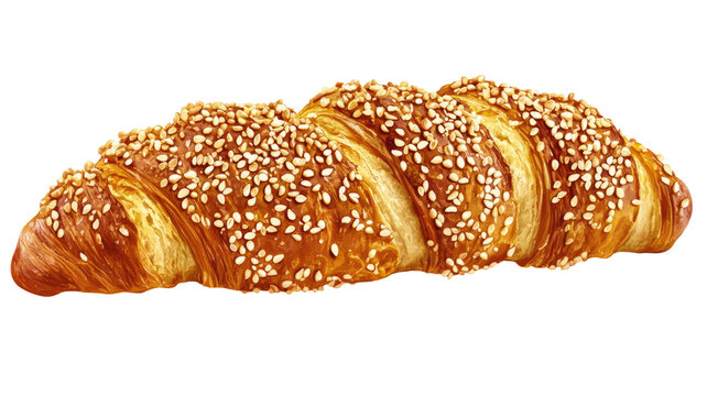 Fresh bread roll topped with sesame seeds, baked golden brown pastry bun for breakfast or sandwich, isolated on white background - Powered by Adobe