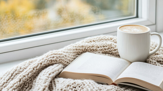 Cozy scene with open book and cup of latte on knitted blanket by window, inviting relaxation and warmth