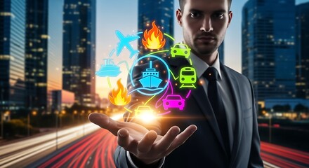 Man holding insurance icons with city skyline in the background