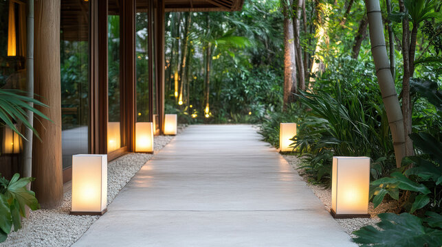 Serene garden path at wellness resort is lined with glowing lanterns, surrounded by lush greenery and bamboo, creating tranquil and inviting atmosphere