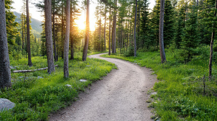 Obraz premium Winding dirt trail through pine trees in golden afternoon light creates serene and peaceful atmosphere