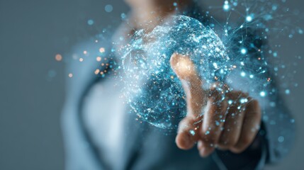 A business professional interacts with a digital globe, symbolizing global connectivity in the modern age.