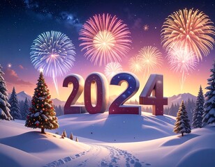 Festive winter scene with fireworks celebrating the new year