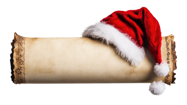 Blank Christmas scroll with Santa hat showing festive holiday paper decoration with winter celebration detail isolated on white background
