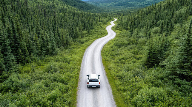 Winding gravel road through dense pine forest with car traveling along it, surrounded by lush greenery and rolling hills under clear sky - Powered by Adobe