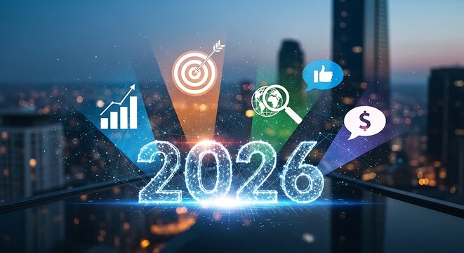 Digital year two thousand twenty six with business icons overlayed