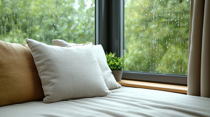 Cozy window seat with cushions overlooks rainy day, with raindrops trailing down glass and small plant adding touch of nature