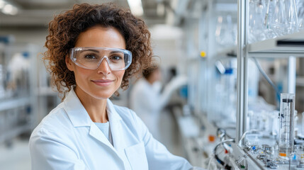 Woman in laboratory wearing safety goggles and lab coat stands confidently among scientific equipment, showcasing professional and focused demeanor