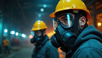 Two workers wear protective gear surveying dark industrial zone. Utilize helmets, gas masks preparing for hazardous conditions. Scene conveys caution vigilance within challenging work environment.