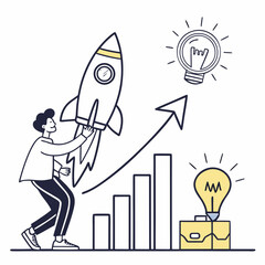 Man launching rocket with graph and light bulb startup concept with business growth, innovation, and success vector illustration