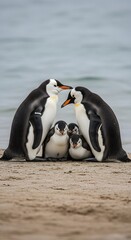 A family of penguins standing together on a sandy beach with calm water in the background, showcasing their social behavior and natural habitat