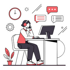 A woman with headset working on computer customer service, call center, online support, help desk, communication, assistance, and technology