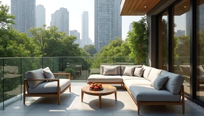 Obraz premium City apartment balcony view. Modern outdoor furniture arranged on terrace. Table with fruits, comfortable seating enjoy cityscape, green foliage. Residential lifestyle in urban oasis. Condo design