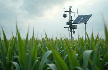 Weather station in corn field monitors data. Solar panel provides energy. Agriculture tech concept relates to smart farming using modern tech. Eco friendly research benefits crop. Wind turbine for